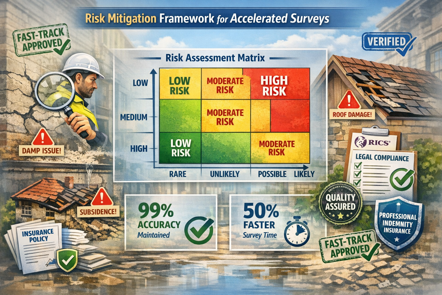 Detailed landscape format (1536x1024) image illustrating comprehensive risk mitigation framework for accelerated surveys with central risk a