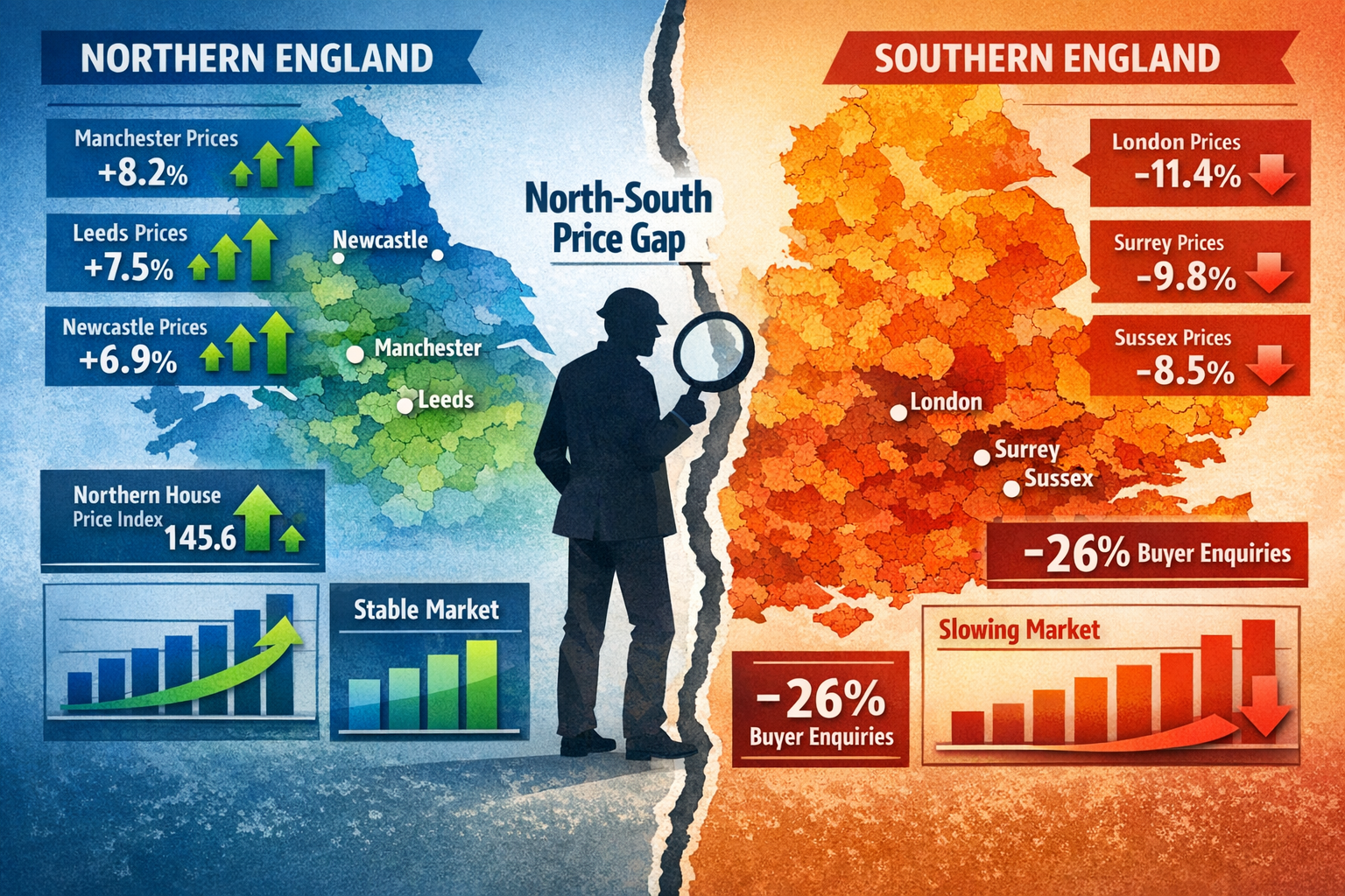 Detailed () split-map visualization of United Kingdom showing dramatic regional property price disparities. Left half