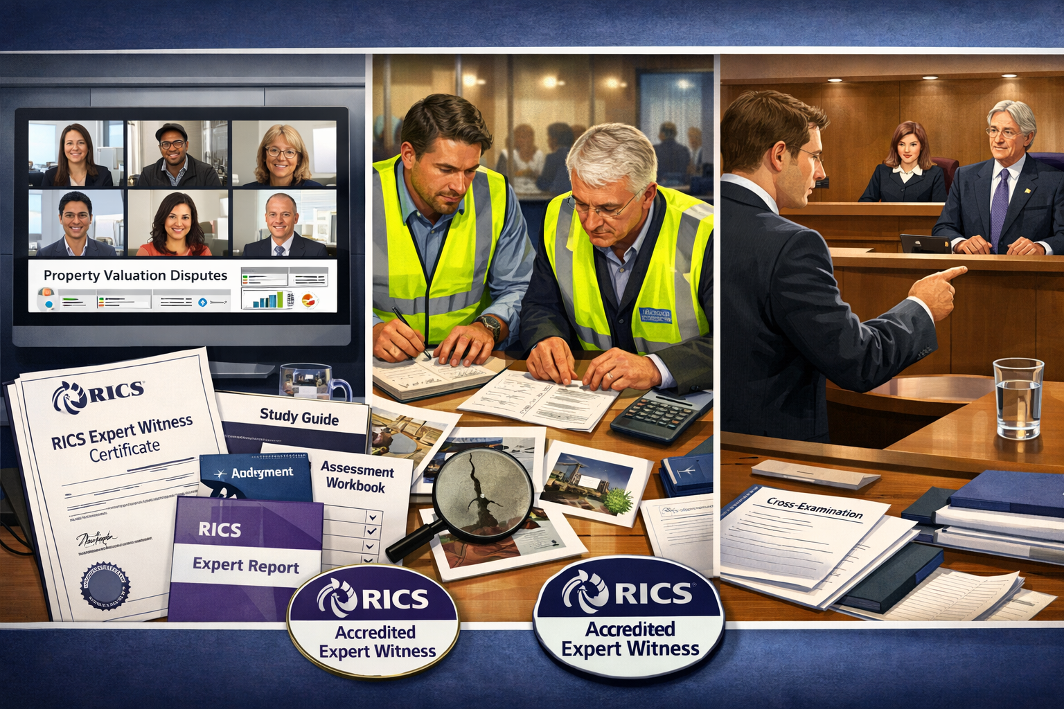 Detailed () image depicting professional training and certification process for RICS expert witnesses. Central composition