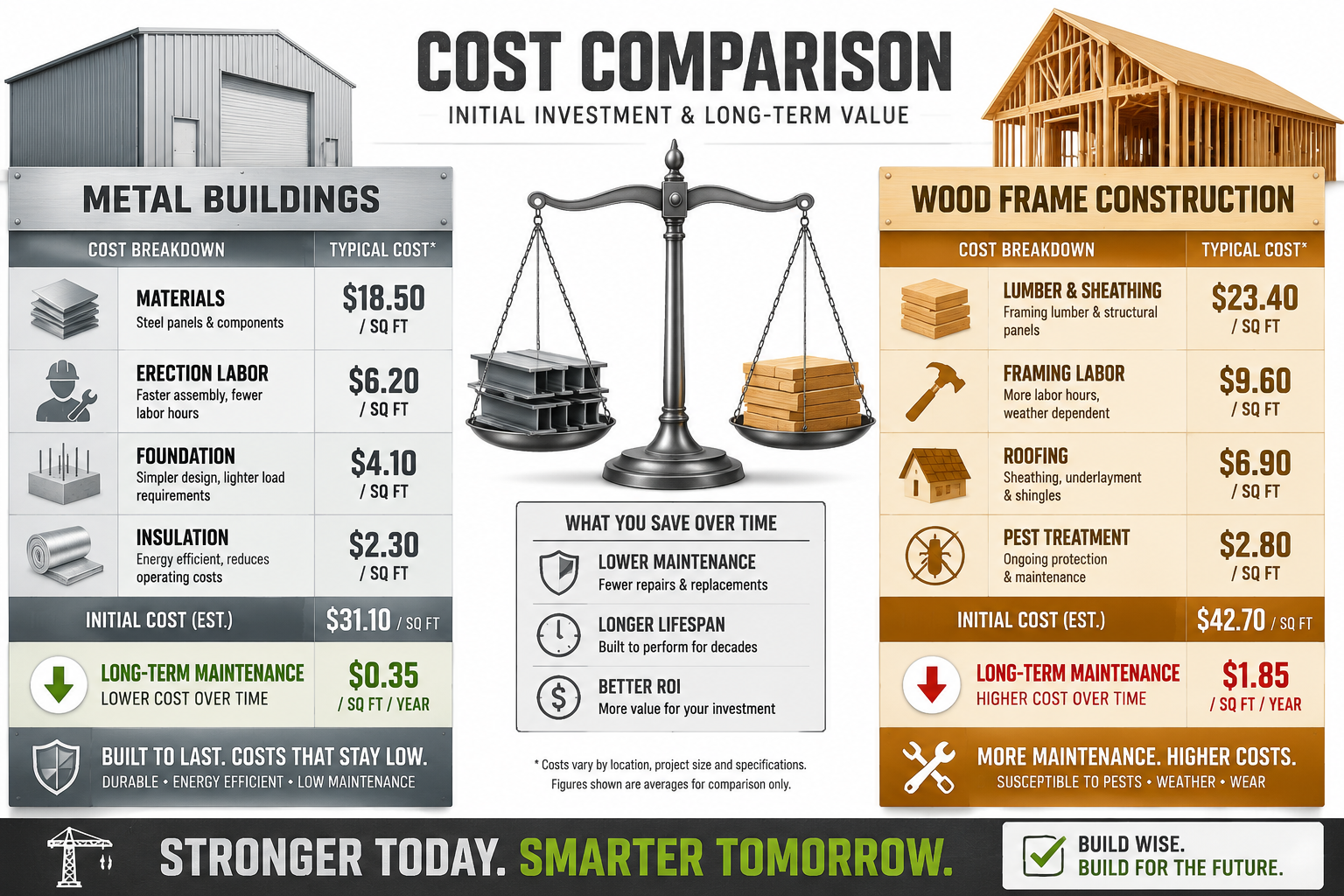 Detailed () infographic-style comparison image showing a side-by-side cost breakdown table for metal buildings versus wood