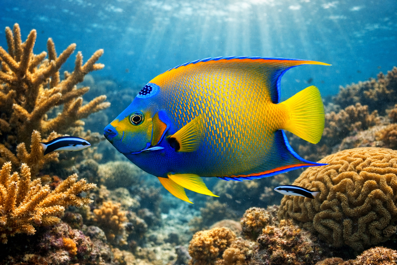 Detailed landscape format (1536x1024) underwater photograph showing a magnificent Queen Angelfish in its natural Caribbean reef habitat, dis