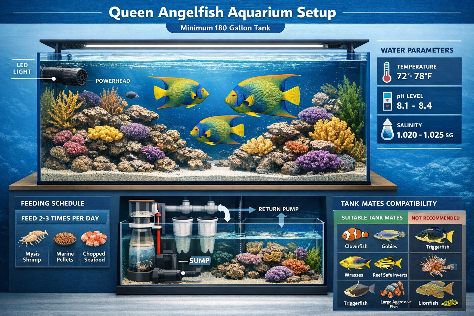 Landscape format (1536x1024) educational infographic showing Queen Angelfish aquarium setup requirements, featuring a cross-section view of 