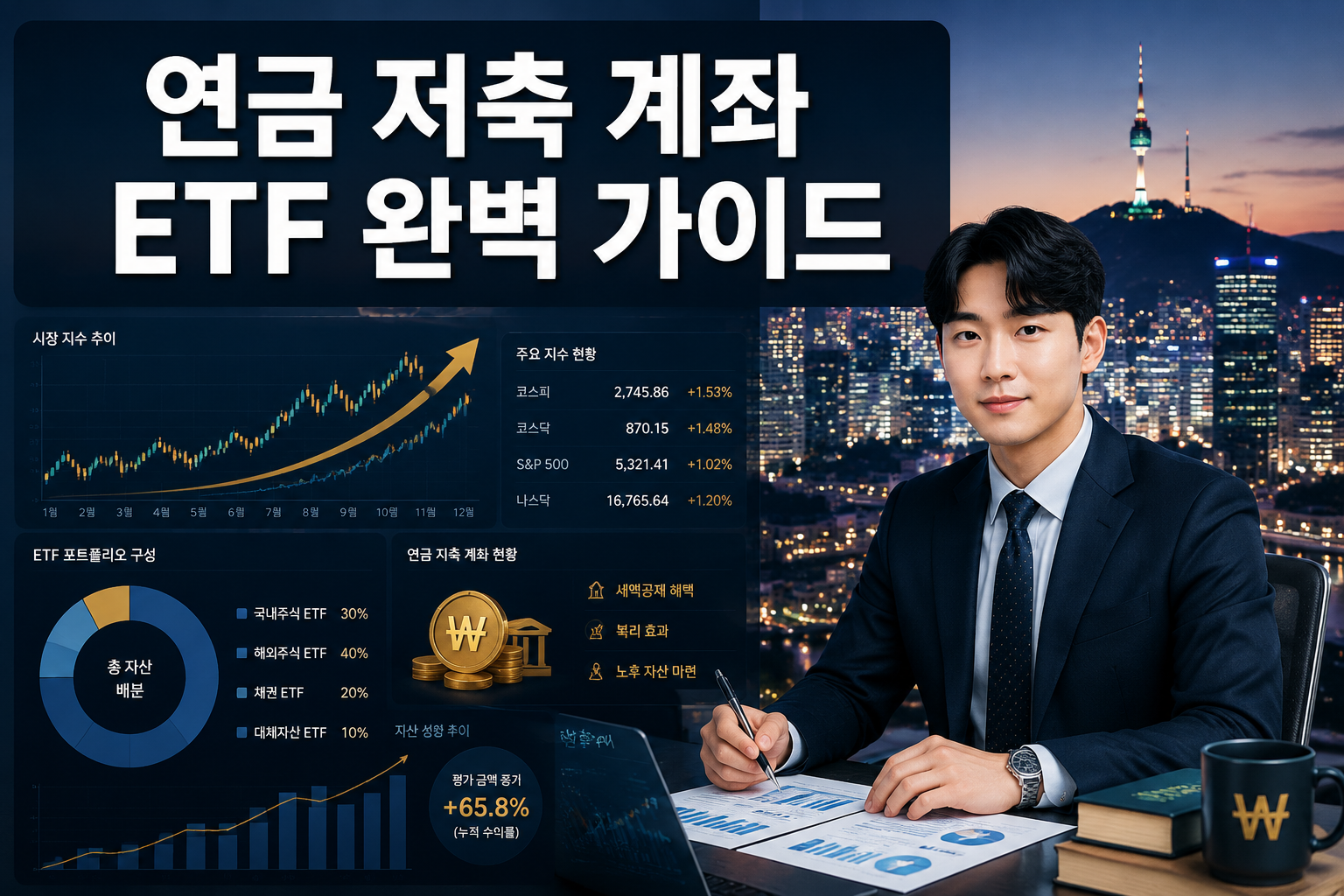Professional () hero image featuring Korean '연금 저축 계좌 ETF 완벽 가이드' in extra large white with deep effect, centered in upper
