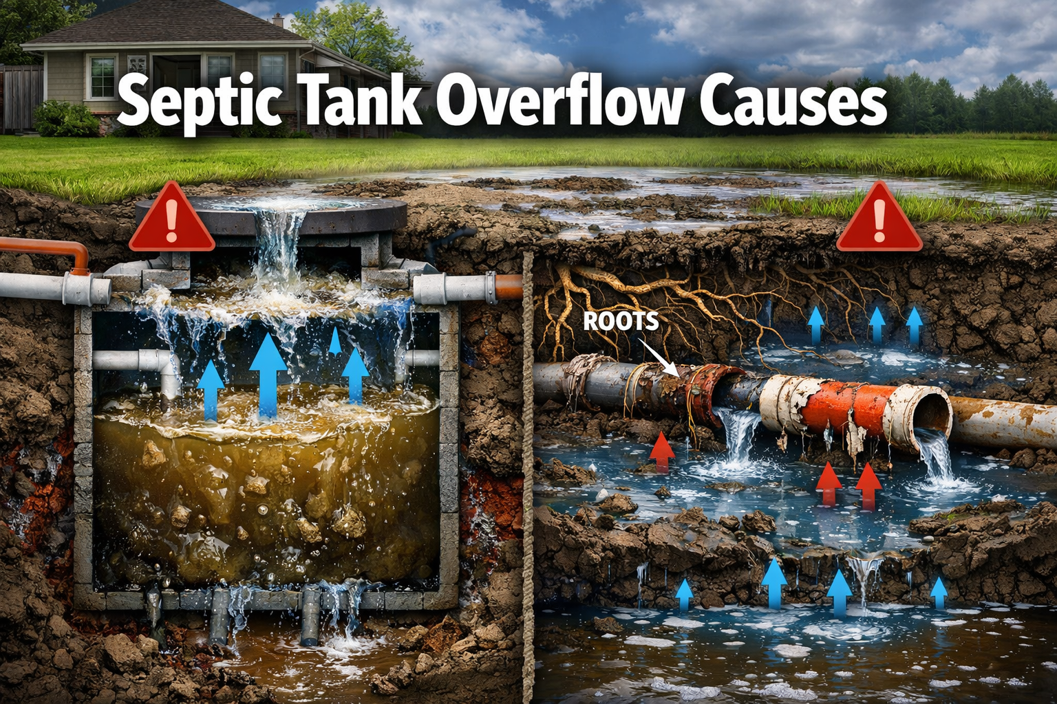 Professional landscape format (1536x1024) hero image featuring bold text overlay 'Septic Tank Overflow Causes' in extra large 70pt white san