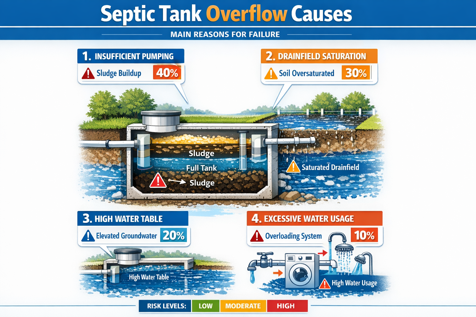 Portrait format (1024x1536) infographic showing primary septic tank overflow causes with visual hierarchy. Features cutaway septic tank illu
