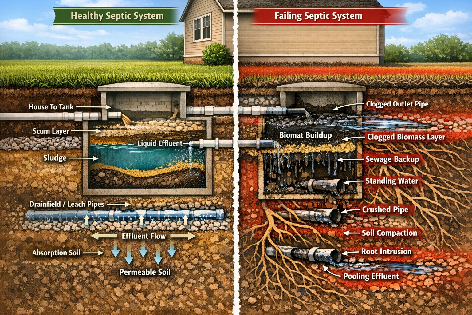 Portrait format (1024x1536) detailed cross-section illustration of septic system failure scenarios. Shows split-screen comparison: healthy s