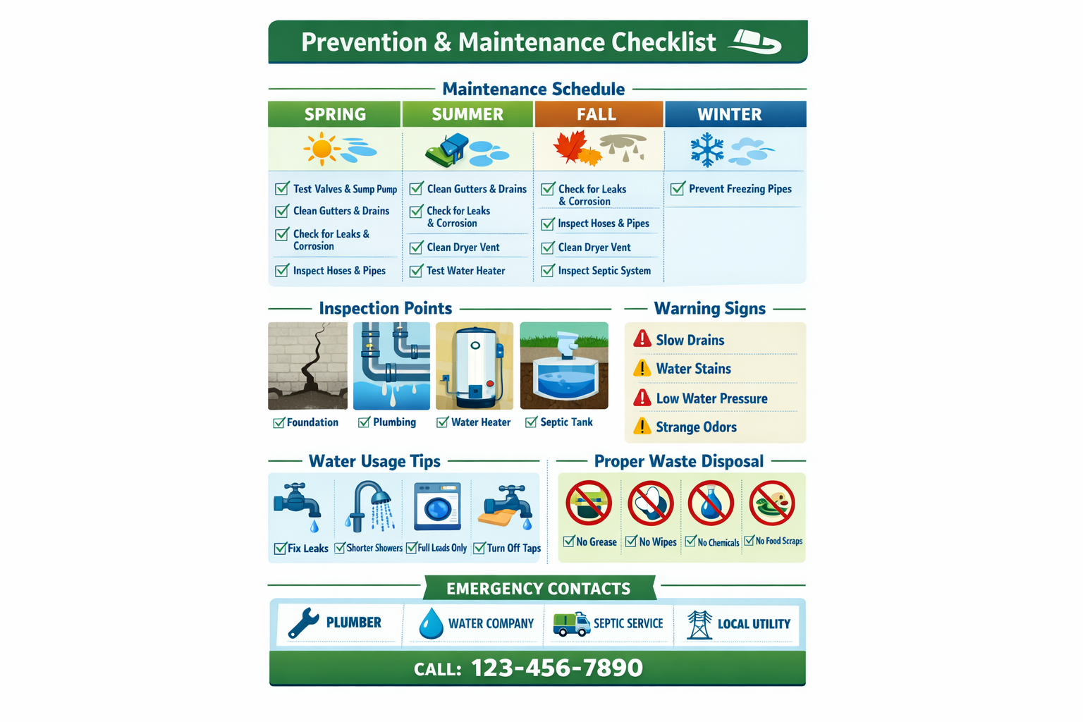 Portrait format (1024x1536) prevention and maintenance checklist infographic with visual timeline. Features calendar-based maintenance sched