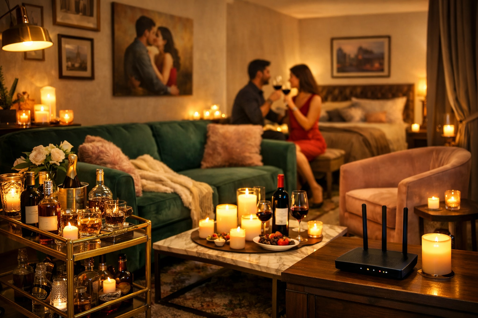 Detailed () image illustrating a 'Romantic Getaway' themed Airbnb living area in Gurgaon. The scene features elegant decor