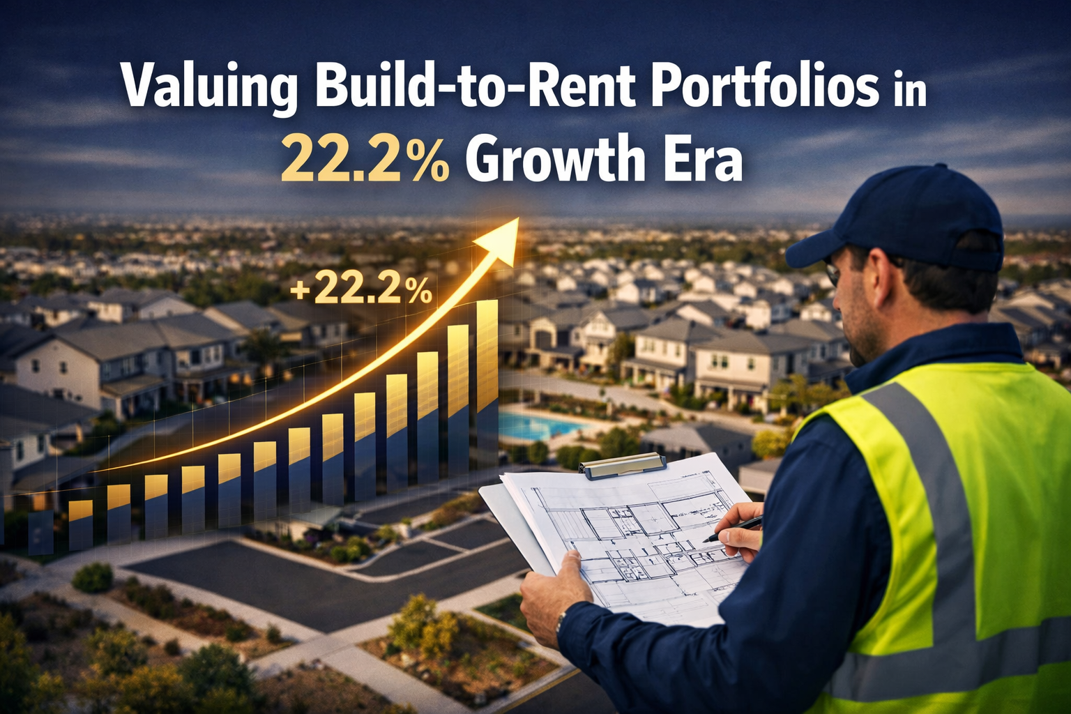 Professional () editorial hero image featuring 'Valuing Build-to-Rent Portfolios in 22.2% Growth Era' in extra large white