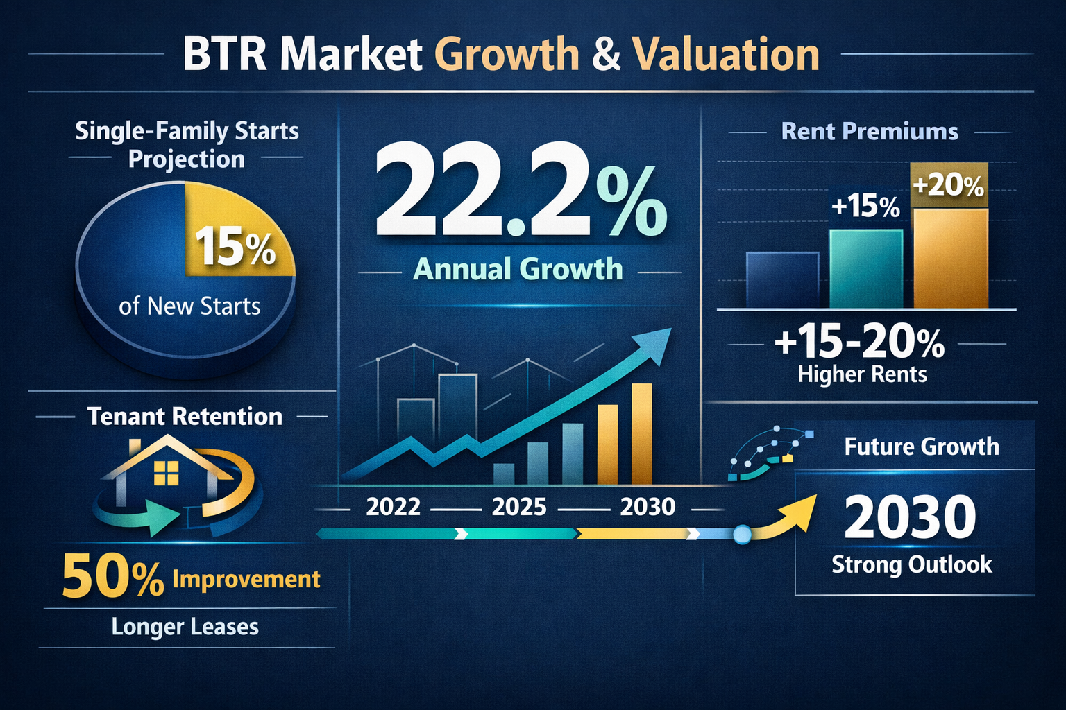 Professional () infographic-style image displaying BTR market growth metrics and valuation frameworks, central focus on