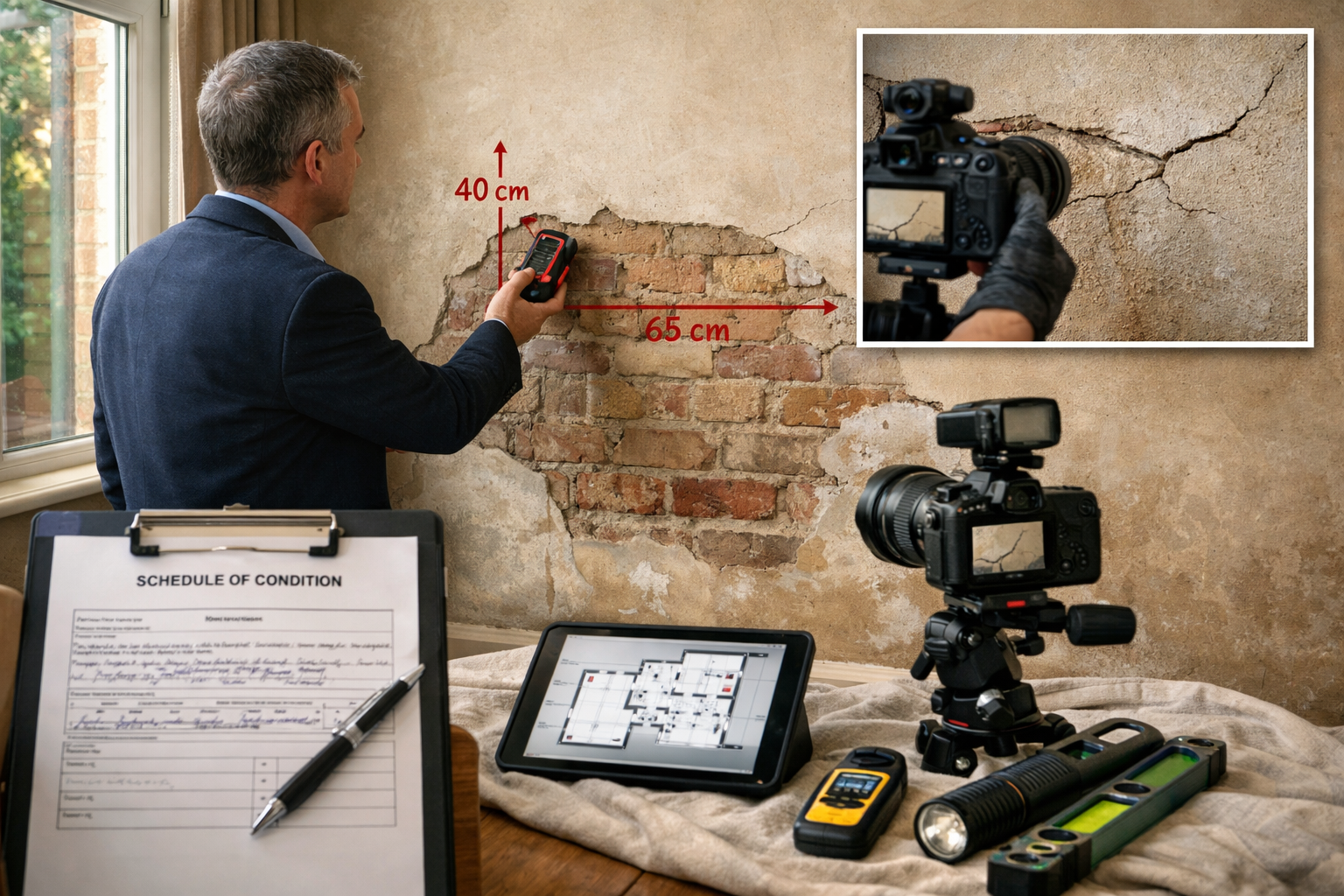 Detailed () professional photograph showing party wall surveyor conducting property inspection inside residential home.