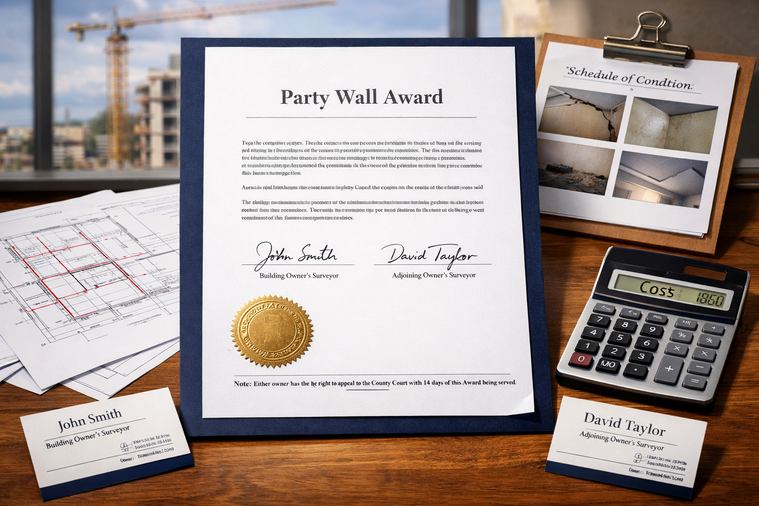 Detailed () editorial image showing completed party wall award document as central focus on architect's desk. Document