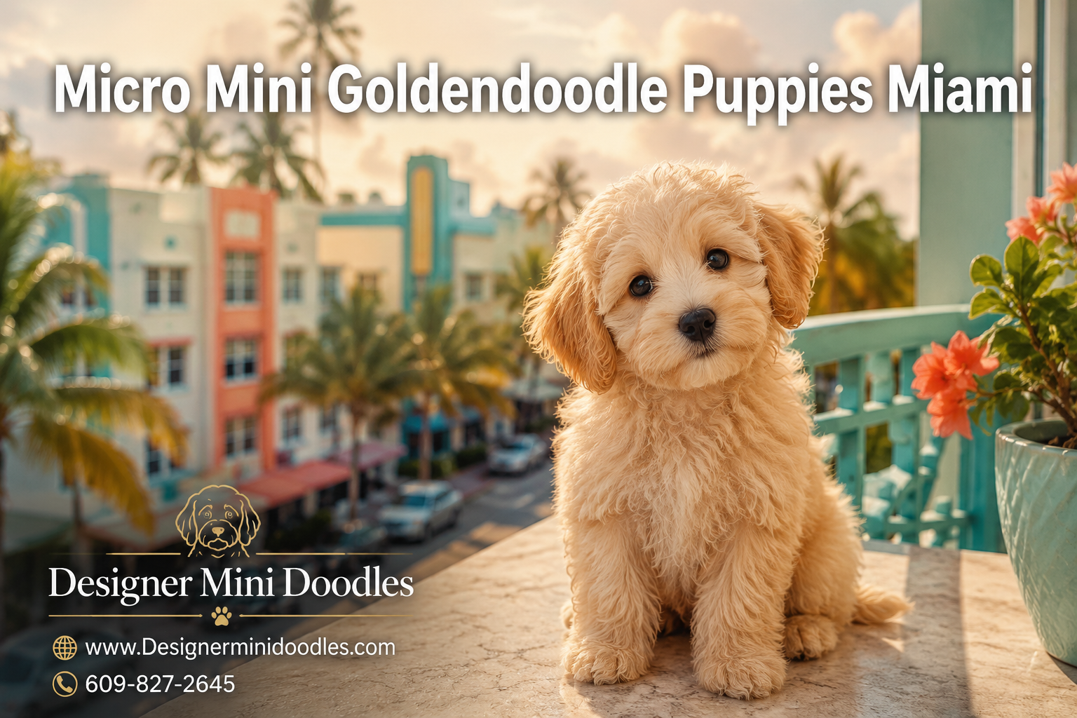 Professional () editorial hero image with 'Micro Mini Goldendoodle Puppies Miami' in white with subtle dark , centered upper