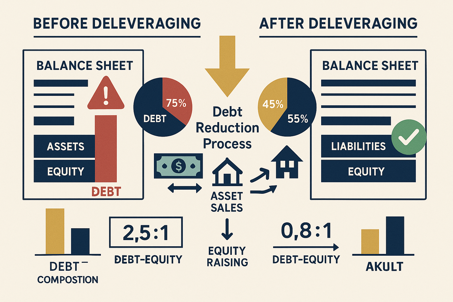 Detailed landscape infographic (1536x1024) illustrating the fundamental concept of deleveraging with split-screen comparison design. Left si