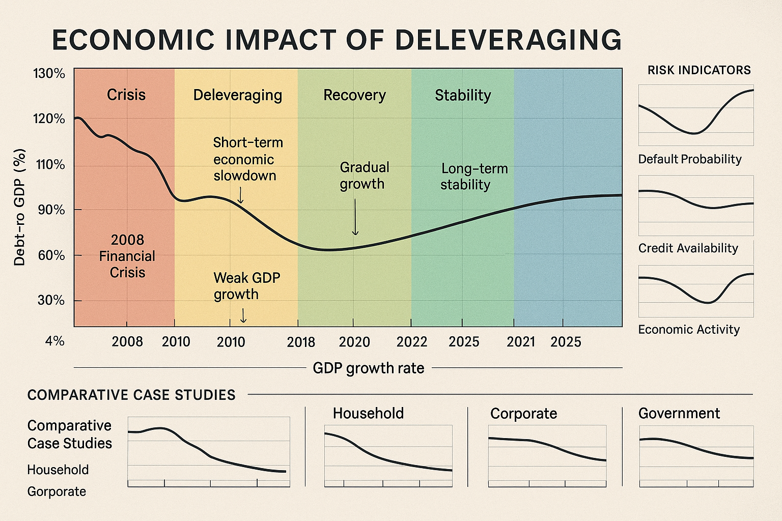 Detailed landscape visualization (1536x1024) showing economic impact of deleveraging across different timeframes with dual-axis graph design