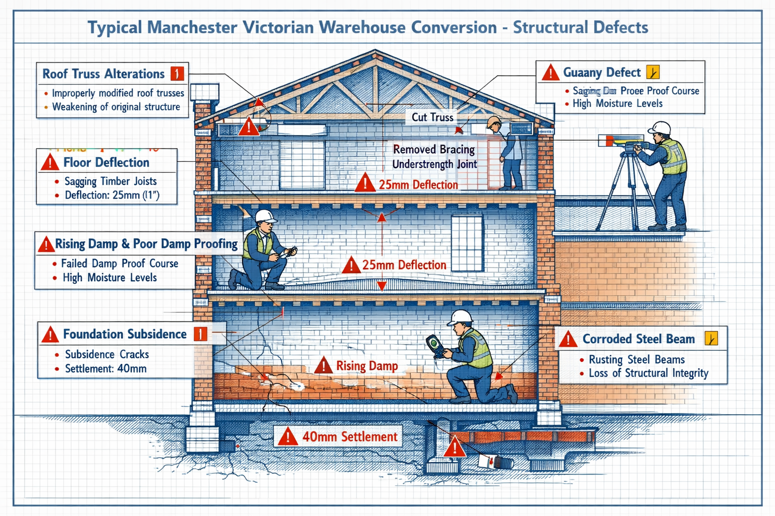 () architectural cross-section illustration of typical Manchester Victorian warehouse conversion showing common structural