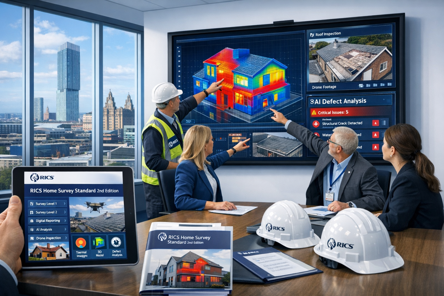 () modern office scene showing RICS-accredited surveyor team in Manchester presenting digital survey findings on large