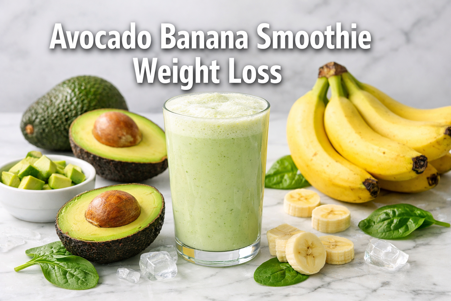 Professional landscape hero image (1536x1024) featuring bold text overlay 'Avocado Banana Smoothie Weight Loss' in extra large 72pt white sa