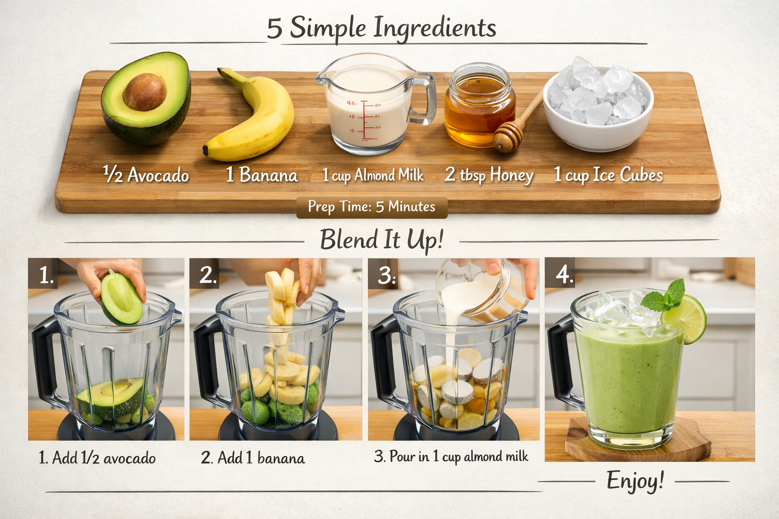 Step-by-step visual recipe guide showing 5 simple ingredients laid out on wooden cutting board: half avocado, one banana, measuring cup of a