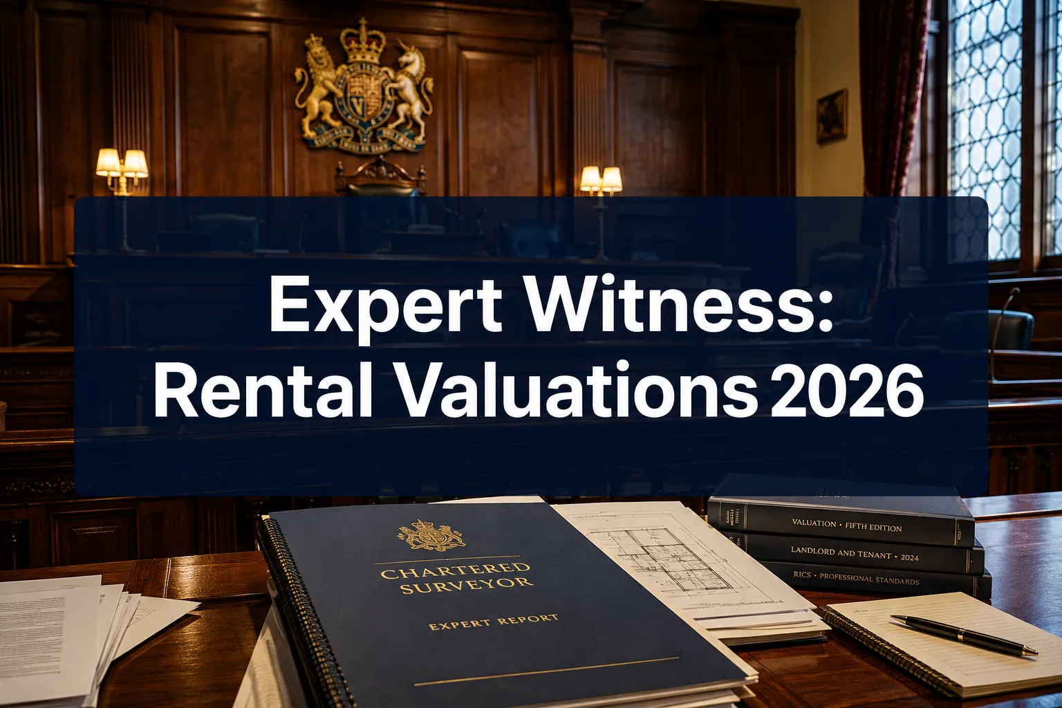 Professional () hero image with (≤42 chars): 'Expert Witness: Rental Valuations 2026' in crisp white on a deep navy