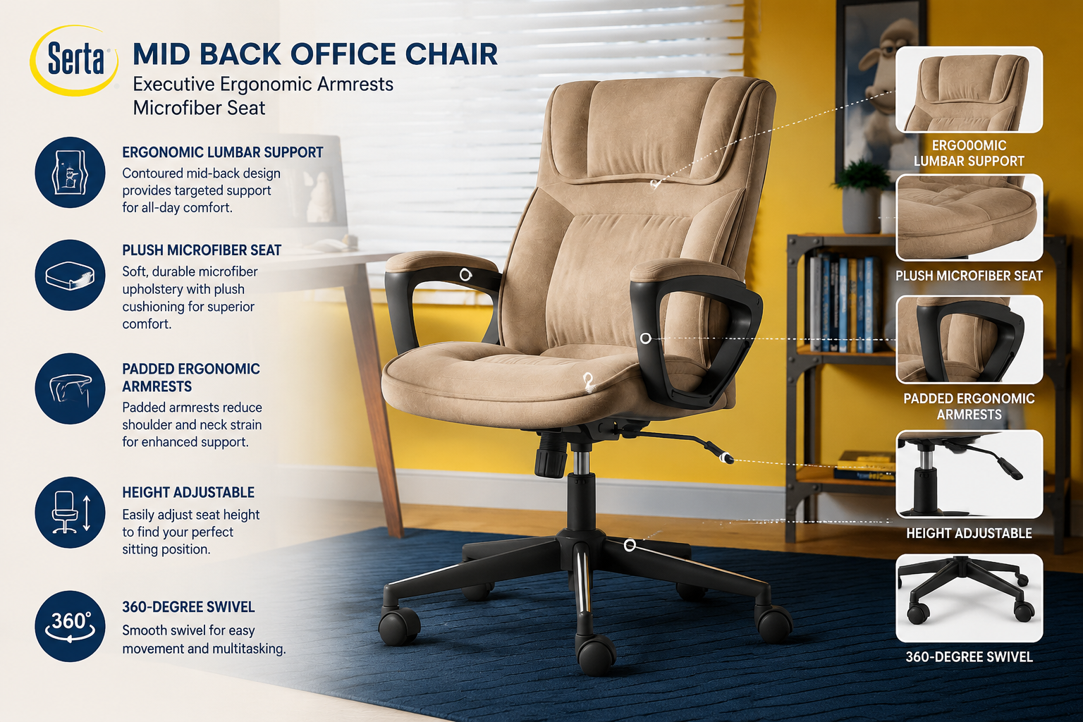 Serta Mid Back Office Chair detailed showcase of Serta Mid Back Office Chair Executive Ergonomic Armrests Microfiber Seat highlighting its main dashboard/interface