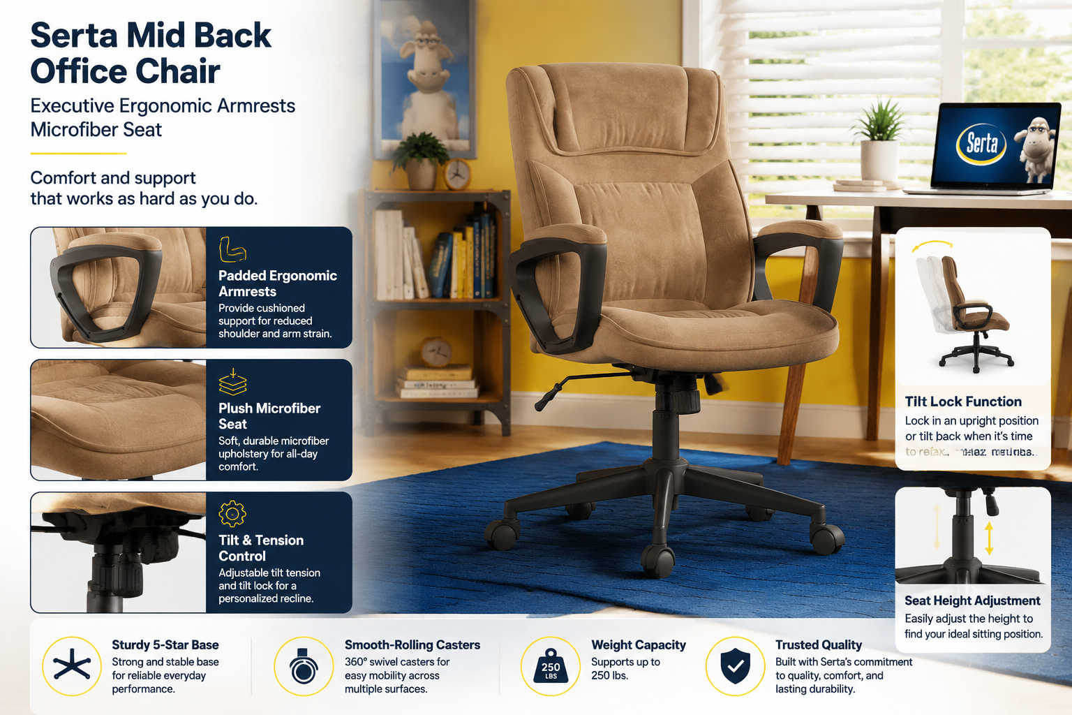 Serta Mid Back Office Chair detailed showcase of Serta Mid Back Office Chair Executive Ergonomic Armrests Microfiber Seat highlighting key features in action, with an alternative layout