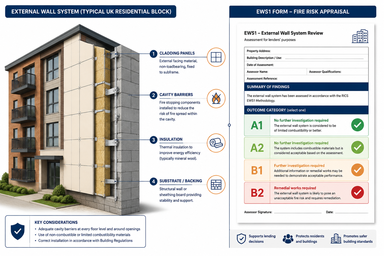 Wide aerial perspective () showing a split-scene infographic illustration: left side depicts a UK residential apartment