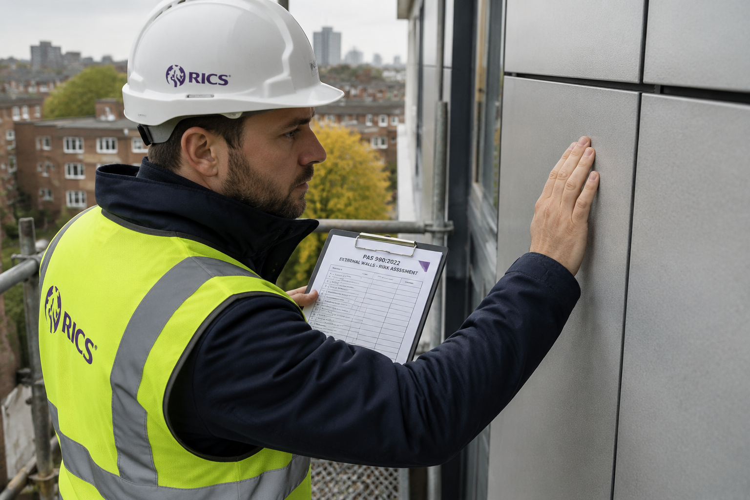 () close-up scene of a RICS-qualified building surveyor in high-visibility vest and hard hat standing on a scaffolding