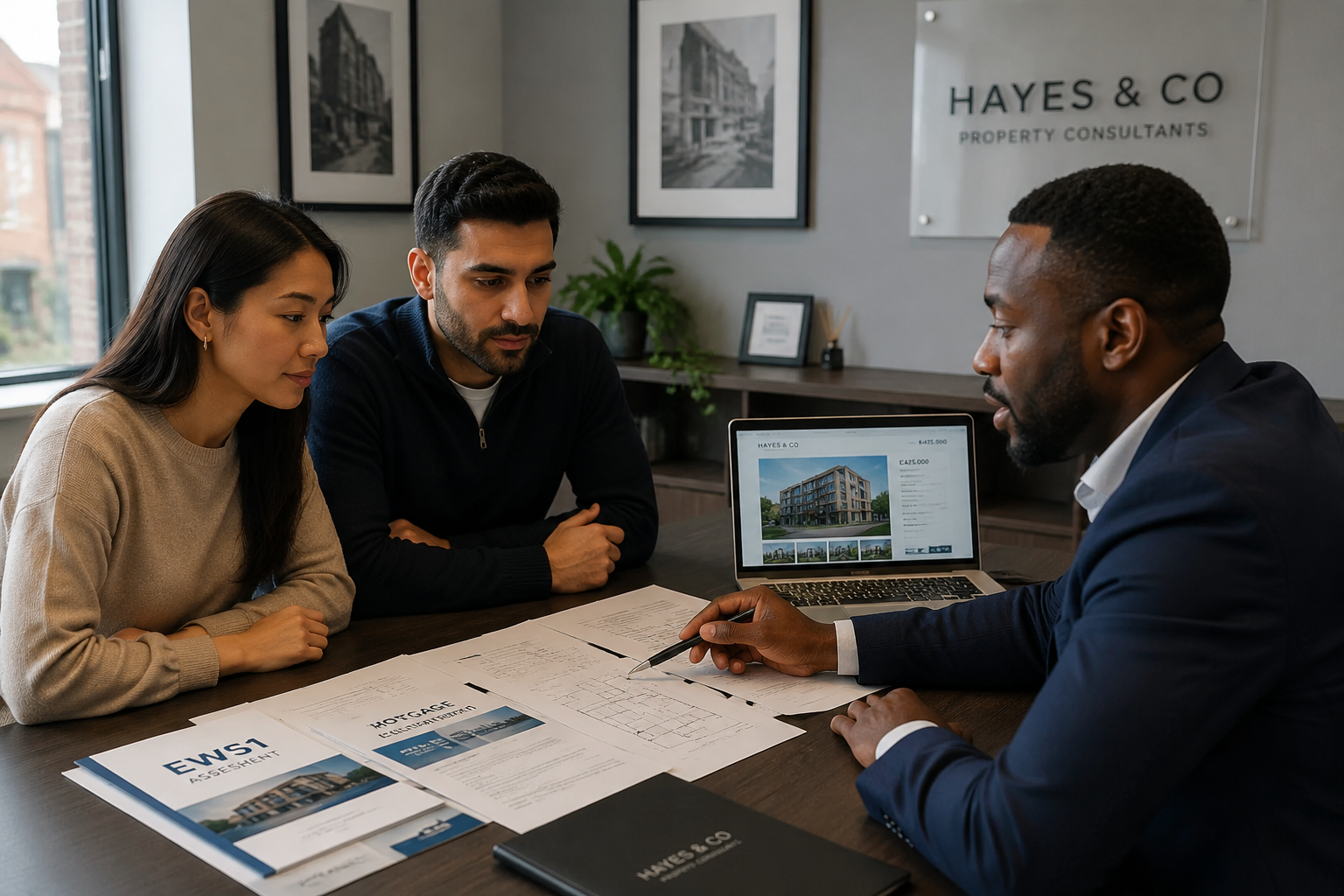 () showing a modern UK estate agent or solicitor's office interior: a flat buyer couple sitting across a desk from a