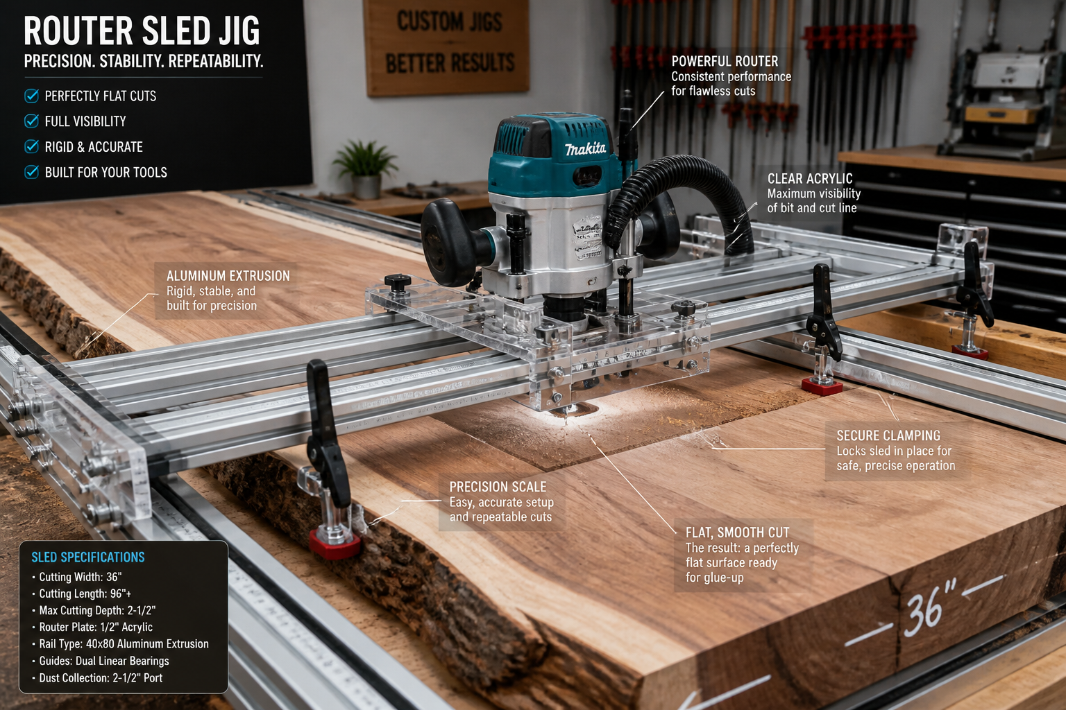 A detailed () image illustrating a sophisticated router sled jig in action, performing a precision cut on a large wooden