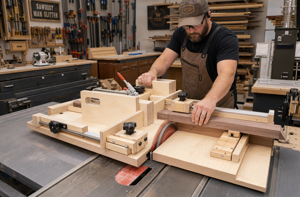 A wide-angle () image showing a woodworker using a custom table saw sled jig to make a complex miter cut on a piece of