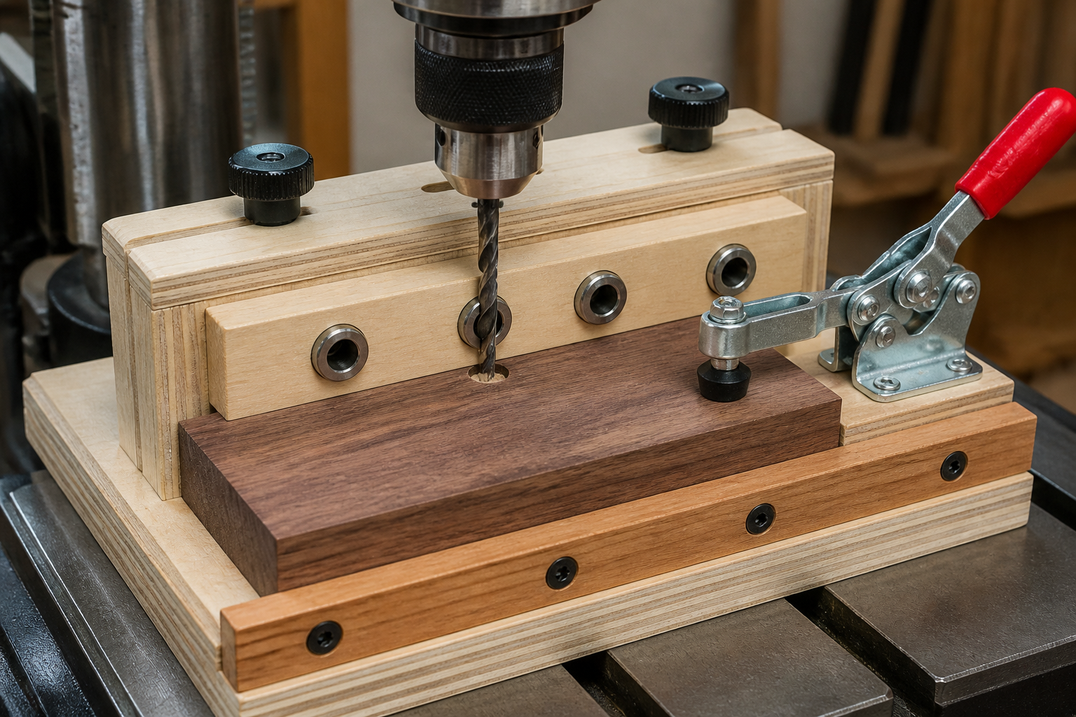 A detailed close-up () shot of a drill press jig designed for repeatable dowel holes, securely holding a workpiece. The jig