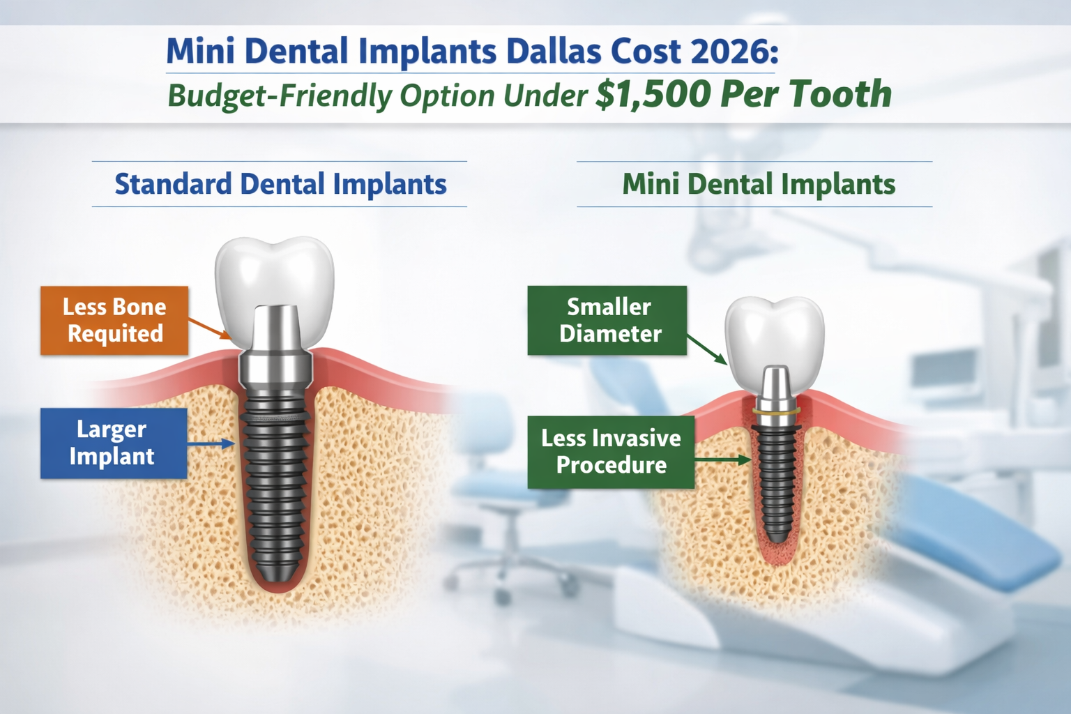 () editorial image illustrating the key differences between standard and mini dental implants. Show a clear side-by-side