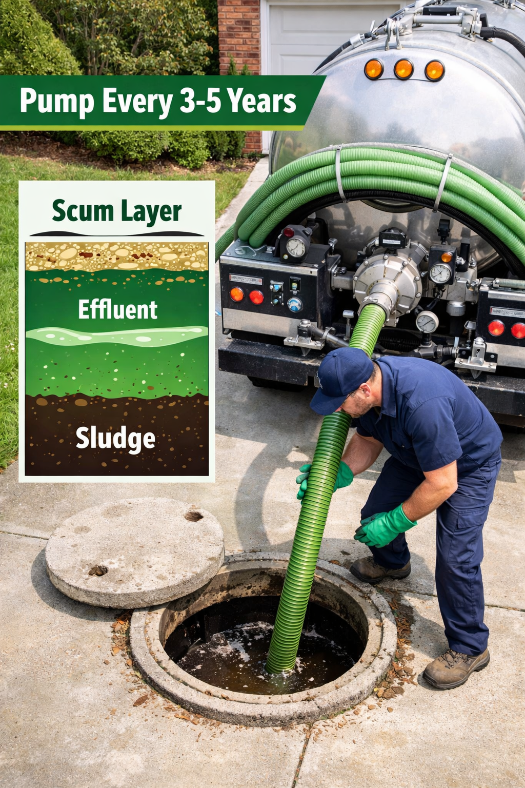 Portrait/Pinterest format () showing a close-up overhead view of a septic tank pumping truck parked on a residential