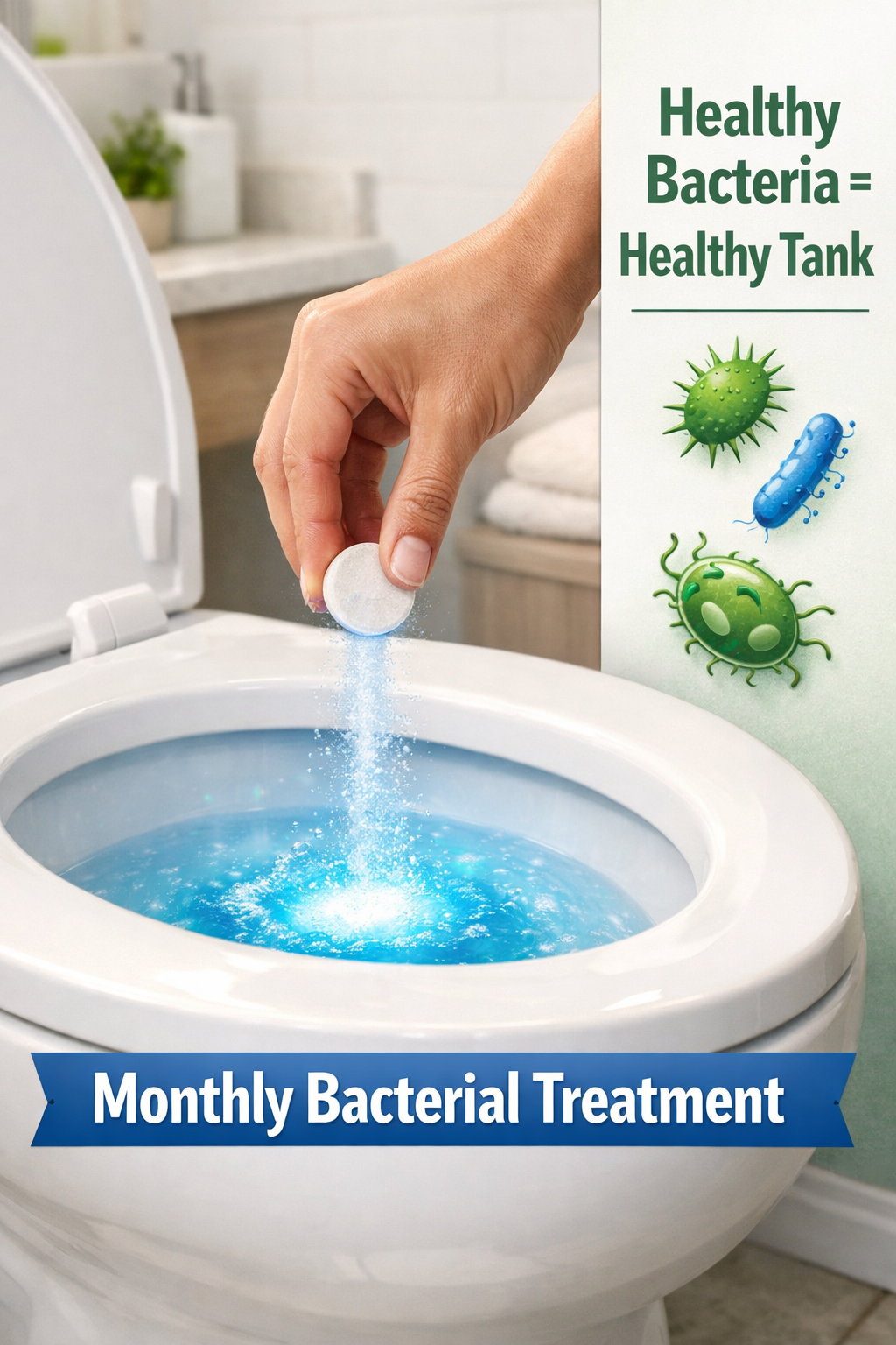 Portrait/Pinterest format () showing a homeowner's hand dropping a Septifix effervescent tablet into a toilet bowl, with a