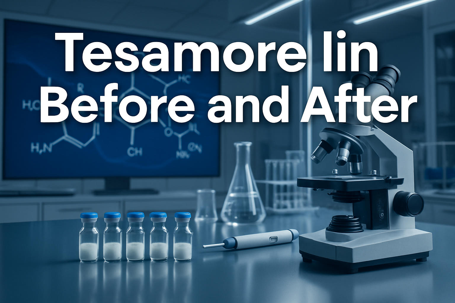 Professional landscape hero image (1536x1024) featuring bold text overlay 'Tesamorelin Before and After' in extra large 72pt white sans-seri