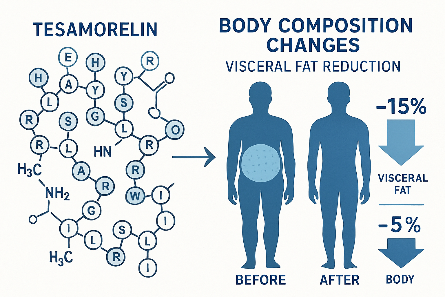 Scientific infographic showing tesa molecular structure on left side with arrow pointing to body composition changes diagram on right