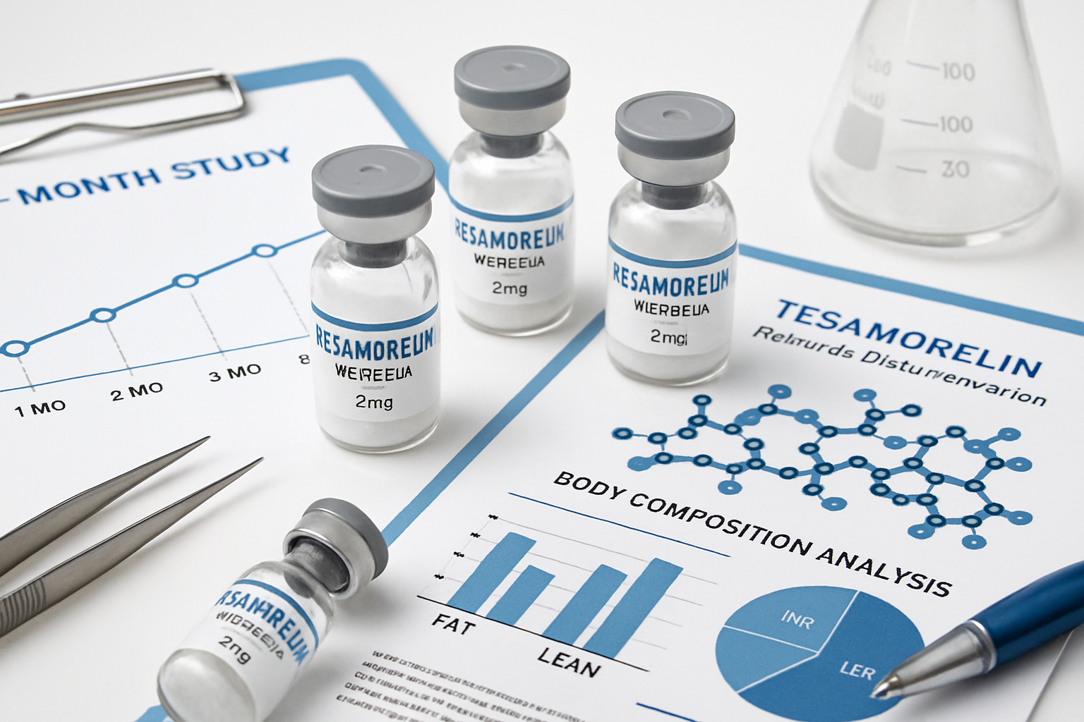 Laboratory setting showing tesa peptide vials and research documentation, with timeline chart displaying 6-month study progression, s
