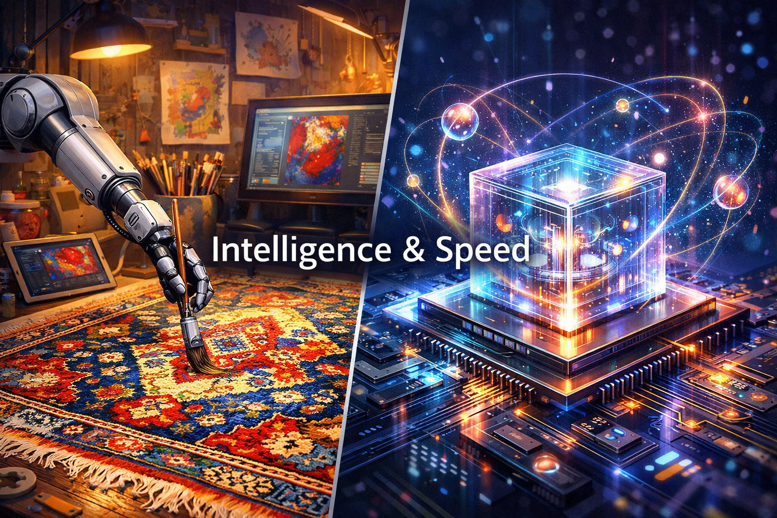 Detailed landscape format (1536x1024) illustration for the AI and Quantum section. Features a split-screen design: on the left, a digital ar