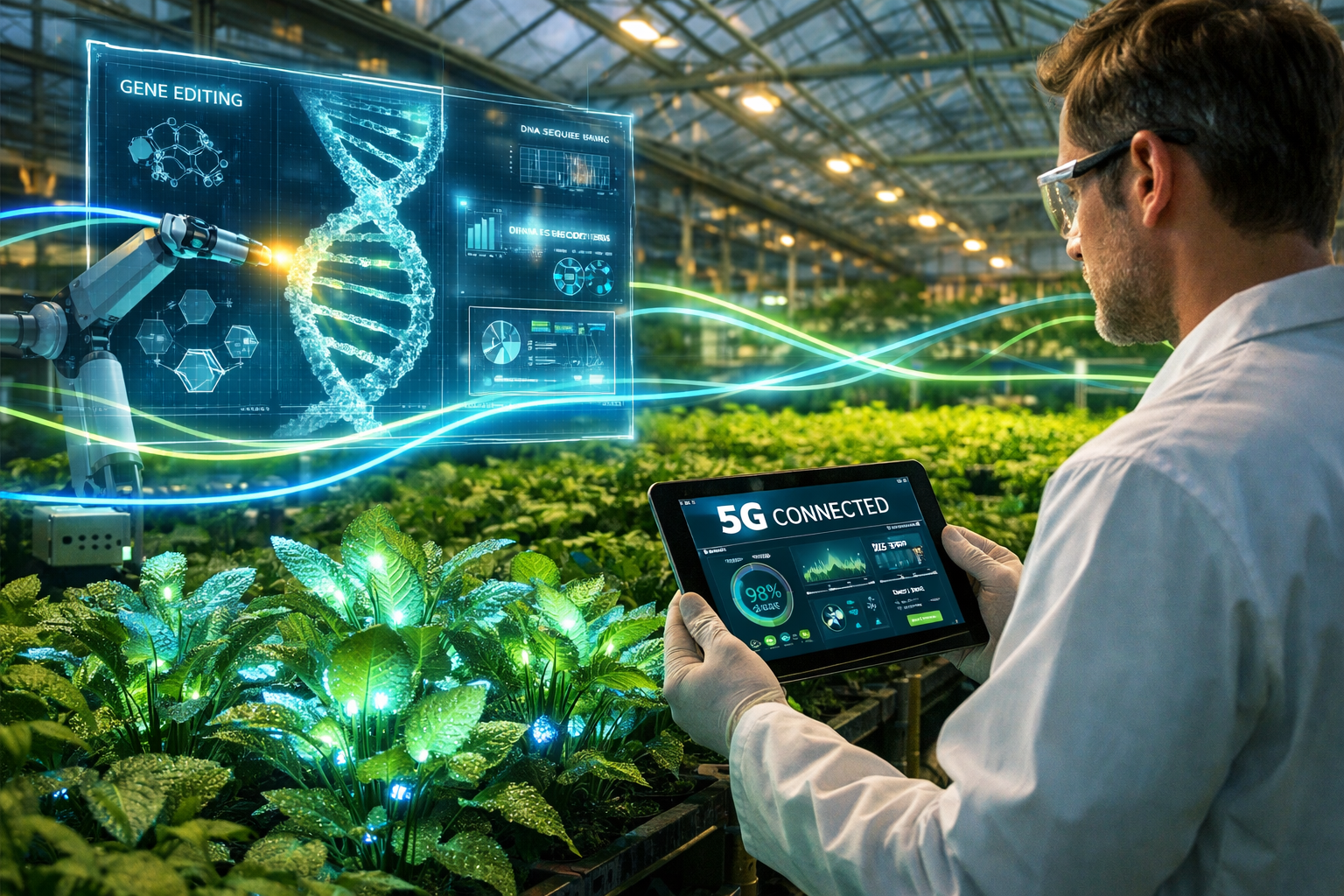 Detailed landscape format (1536x1024) conceptual image focusing on 5G and Biotechnology. A high-tech greenhouse where a scientist uses a 5G-