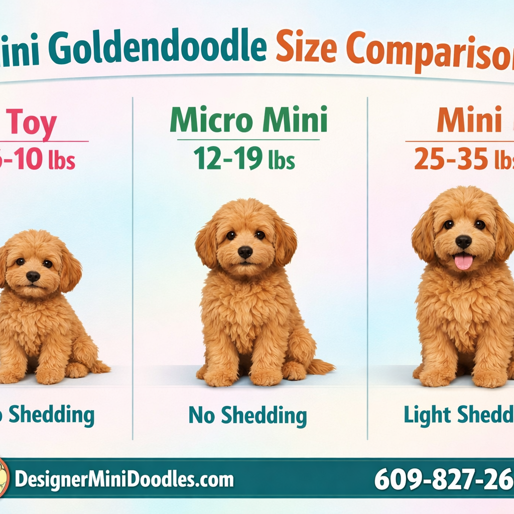 () informational infographic showing mini goldendoodle size comparison chart with three columns: Toy 6-10 lbs, Micro Mini