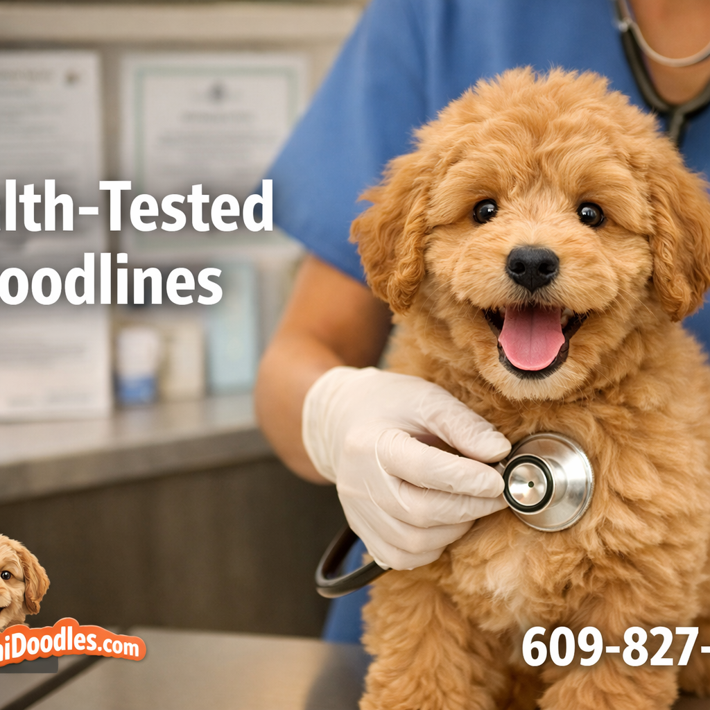 () professional photograph of a mini goldendoodle puppy being examined by a veterinarian in a clean modern clinic setting,