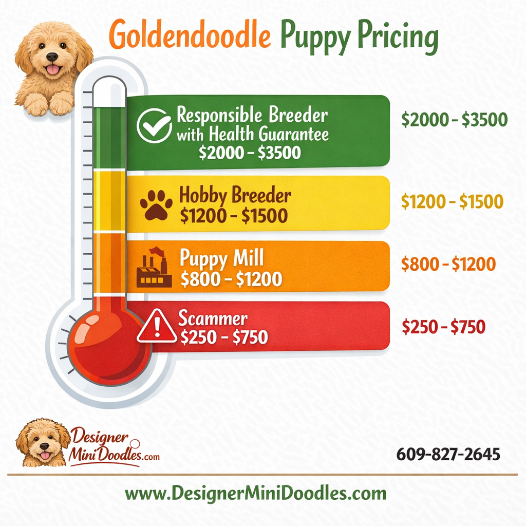 () creative infographic showing goldendoodle puppy pricing tiers as a horizontal bar chart or thermometer style graphic.