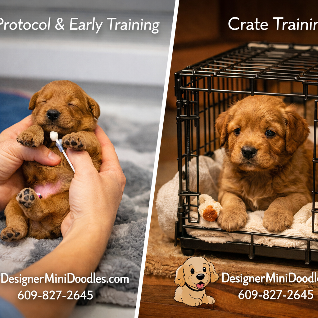 () professional photograph showing the puppy preparation process: a clean modern whelping area with a tiny goldendoodle