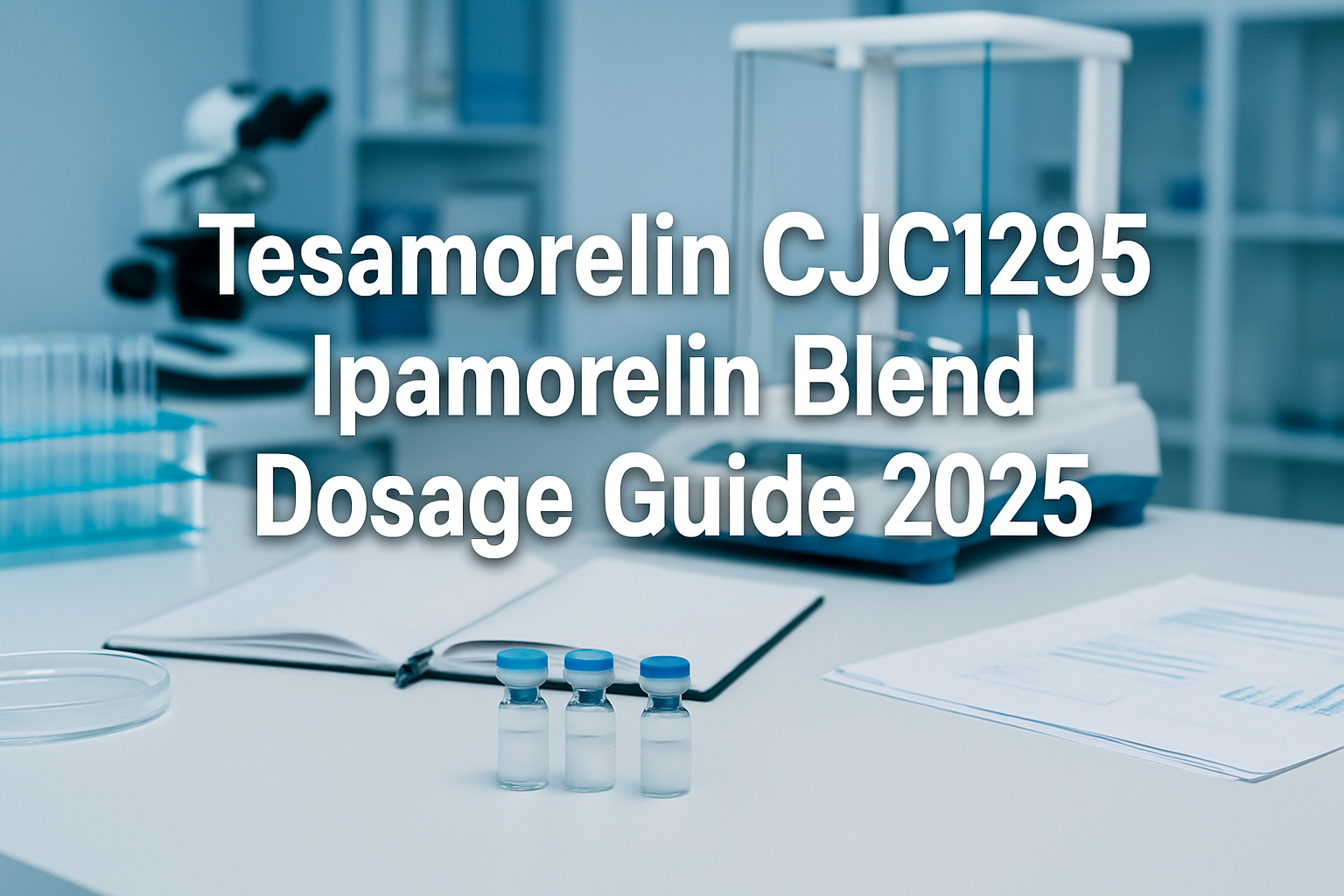 Professional landscape hero image (1536x1024) featuring bold text overlay 'Tesamorelin CJC1295 Ipamorelin Blend Dosage Guide 2025' in extra 