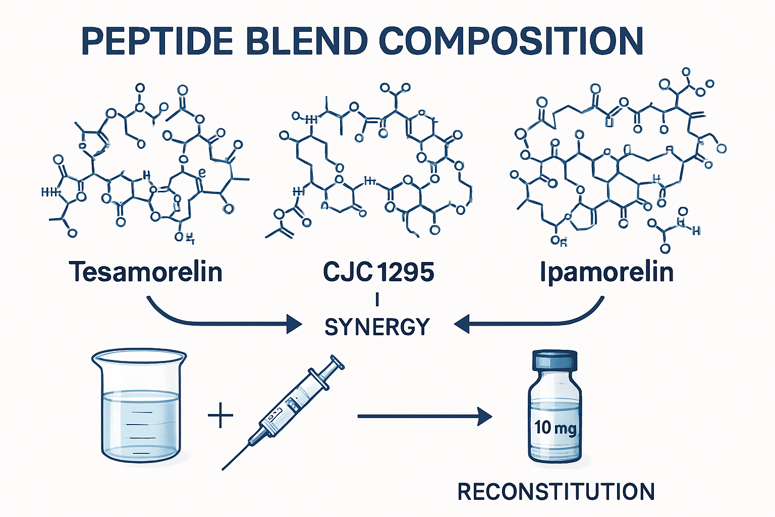 Scientific infographic showing peptide blend composition with three distinct molecular structures labeled Tesamorelin, CJC1295, and Ipamorel