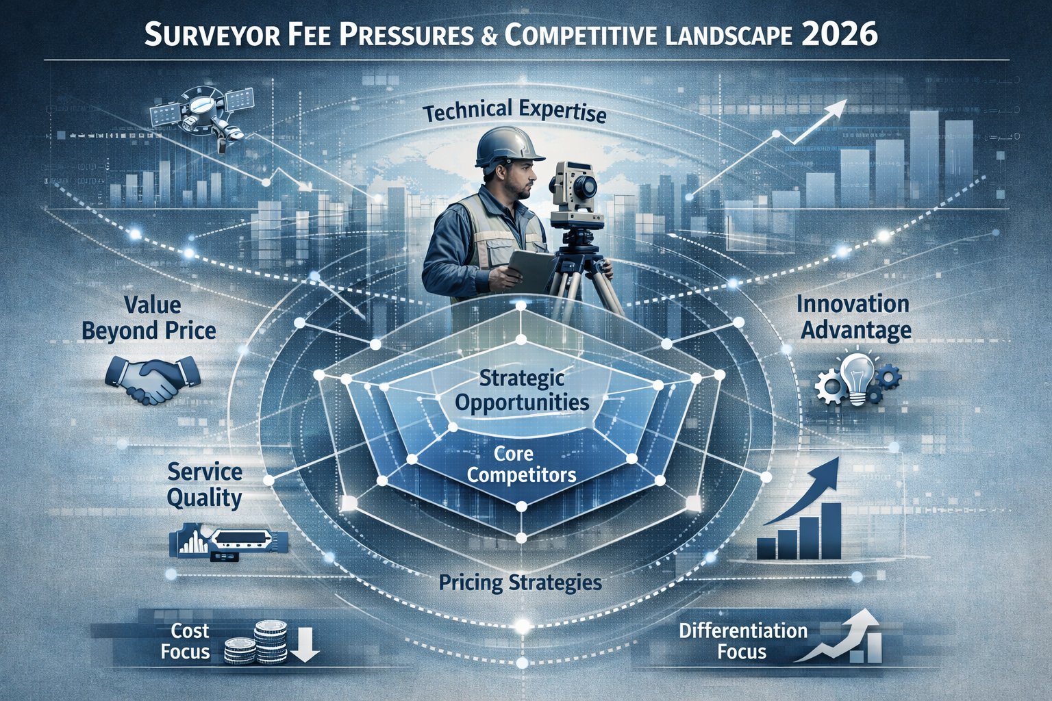 Landscape infographic visualizing surveyor fee pressures and competitive landscape for 2026, featuring a multi-layered radar chart showing v