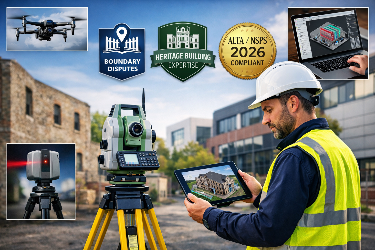 Detailed landscape format (1536x1024) professional photograph showing modern surveyor demonstrating specialized expertise and technology ado