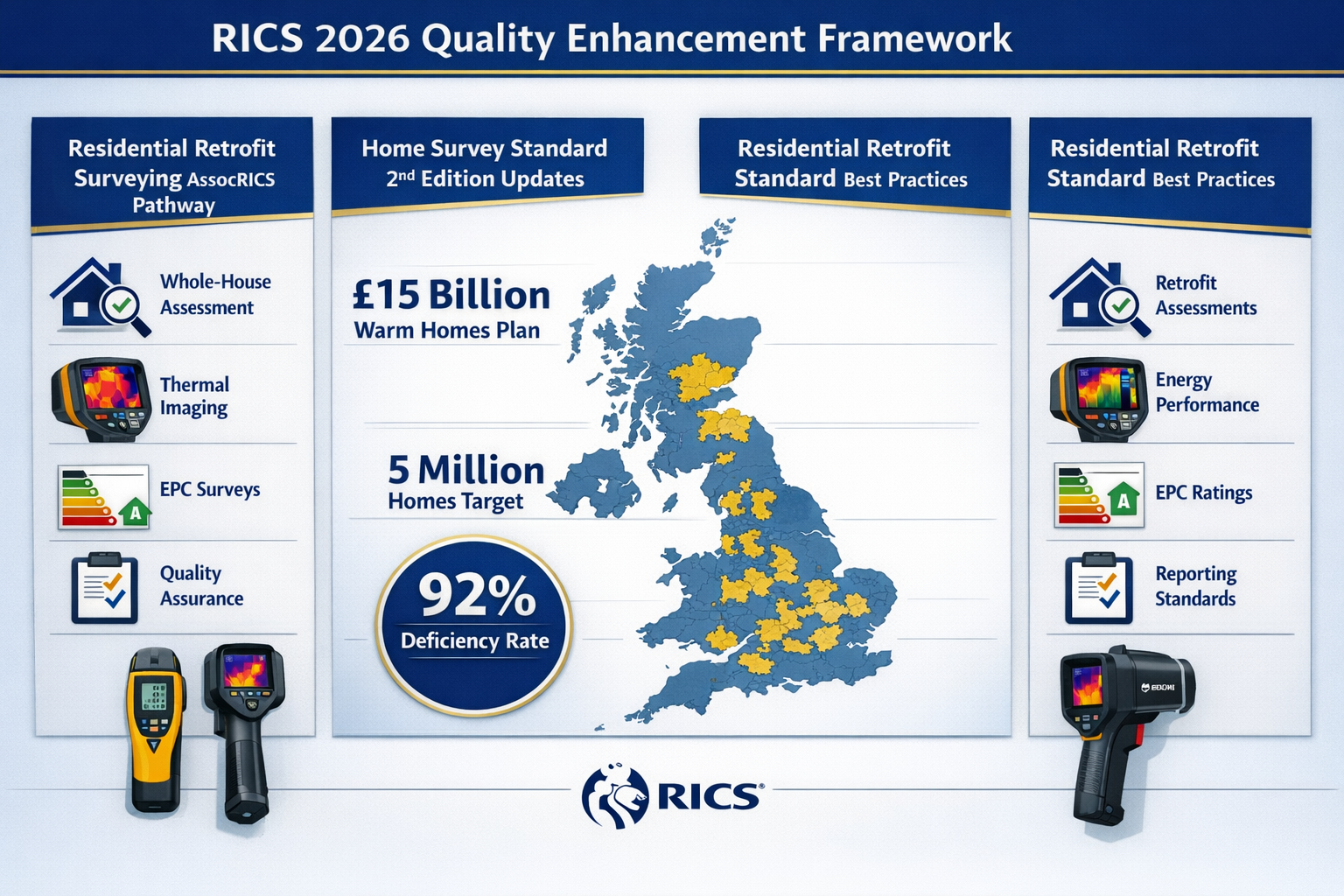 Landscape format (1536x1024) detailed infographic showing RICS 2026 quality enhancement framework with three vertical pillars: Residential R