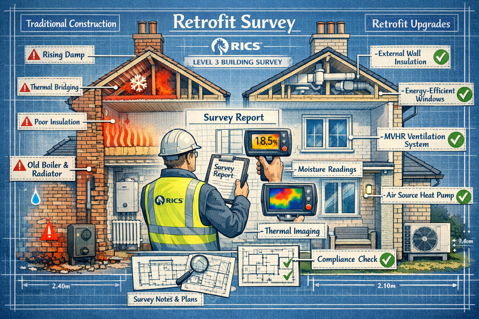Landscape format (1536x1024) technical illustration showing cross-section of UK period property during retrofit survey process. Left side di